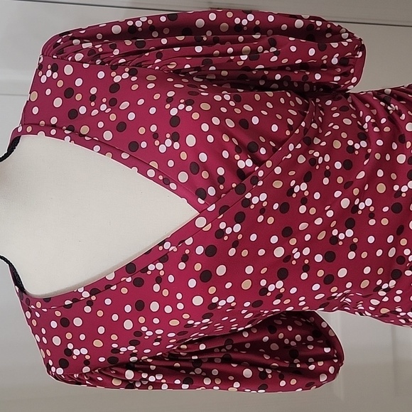 Nine West Size M Magenta Faux Wrap Blouse with Brown, Tan & White Polkadots, EUC - Picture 2 of 12